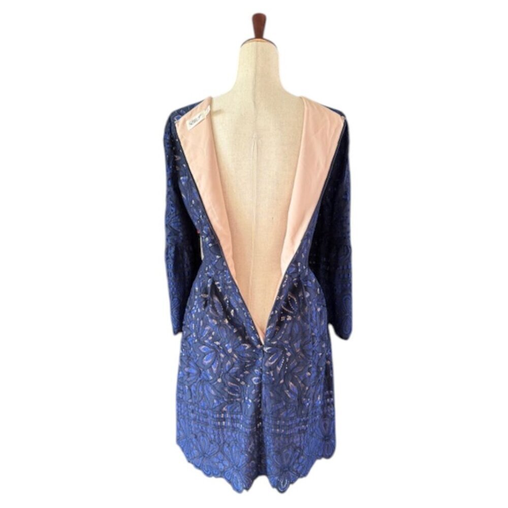 ELIZA J Reverie Navy Blue Nude Lined Lace Dress Bell Sleeves Fit Flare Size 8 - Picture 14 of 16